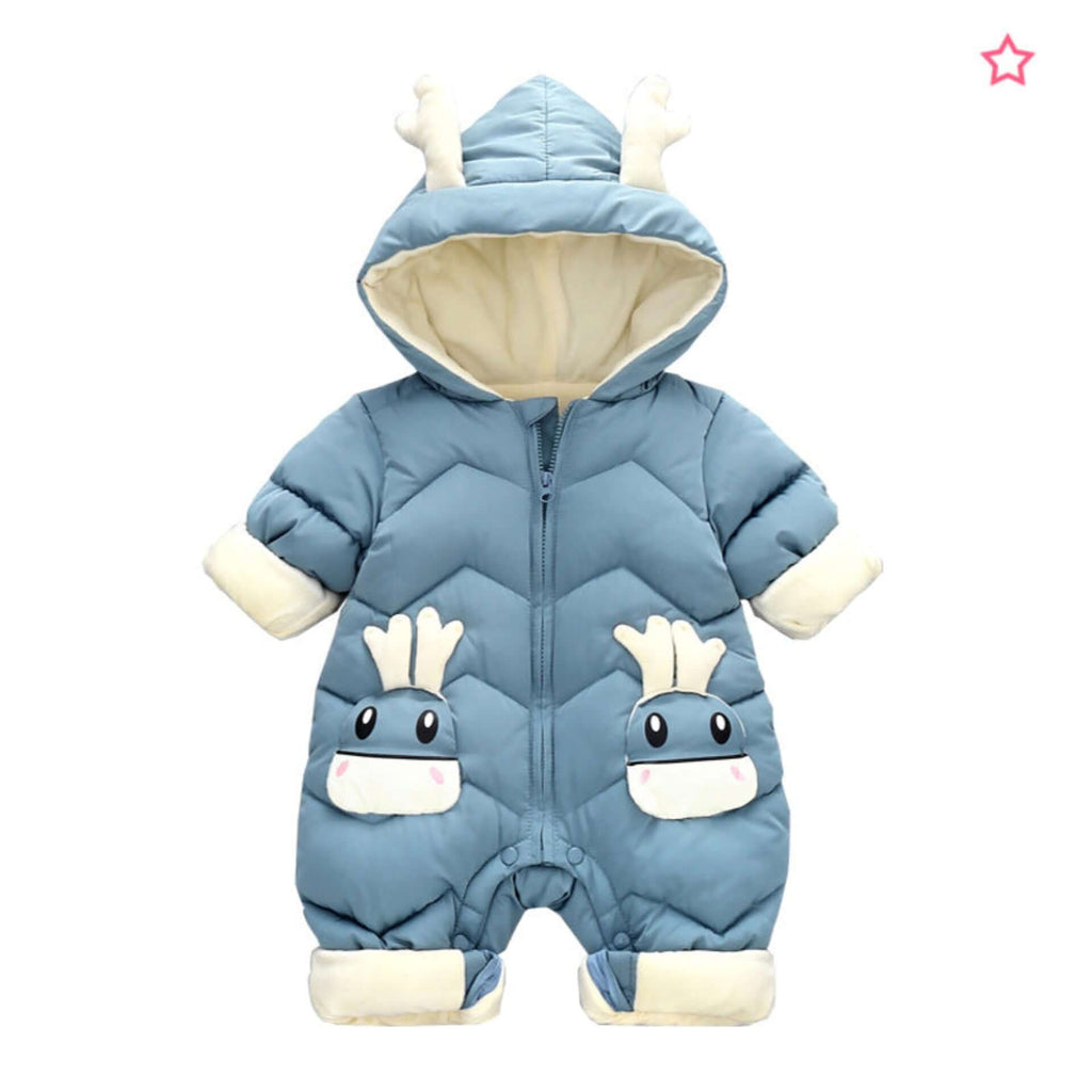 A baby's light blue hooded snowsuit with cream-colored accents, featuring a whimsical animal face design on the front and small antler details on the hood.