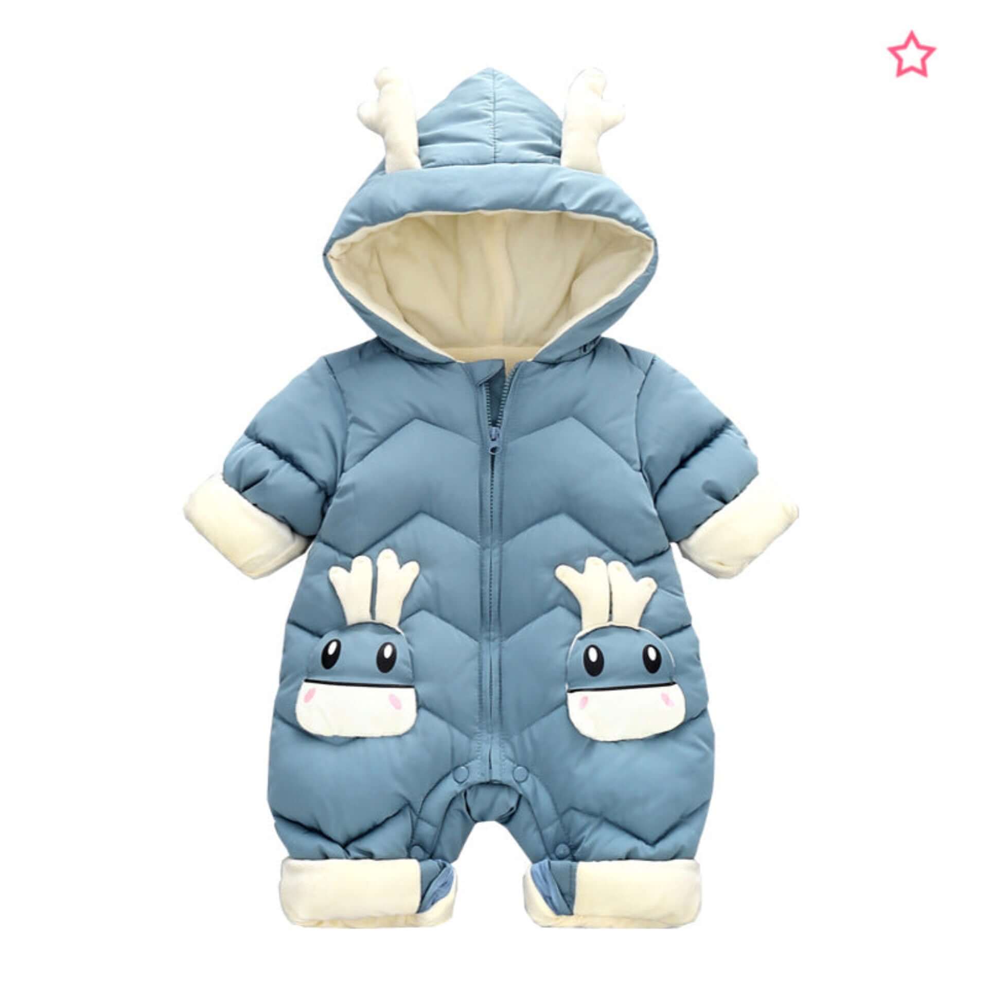 A baby's light blue hooded snowsuit with cream-colored accents, featuring a whimsical animal face design on the front and small antler details on the hood.