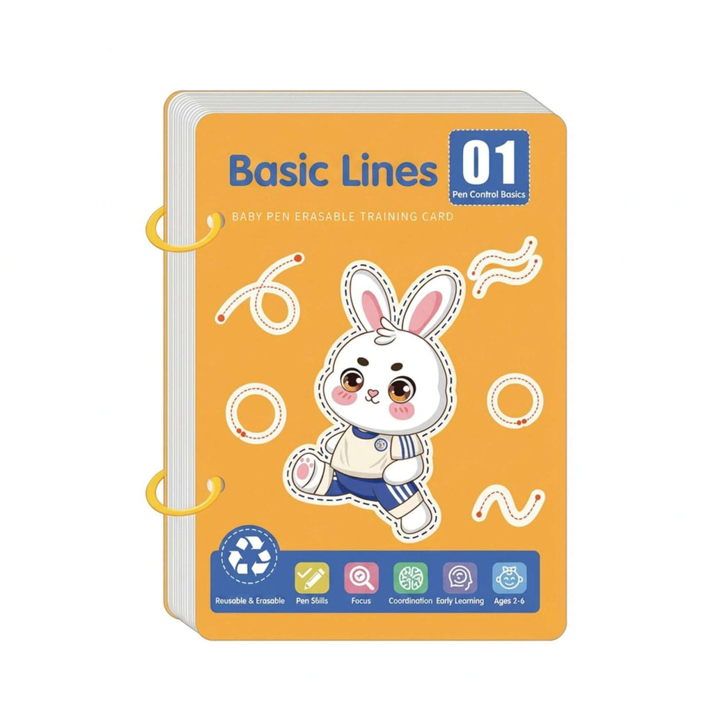 A baby erasable training card book titled 'Basic Lines 01' with a bright orange cover, featuring a cartoon white rabbit and yellow spiral rings on a white background.