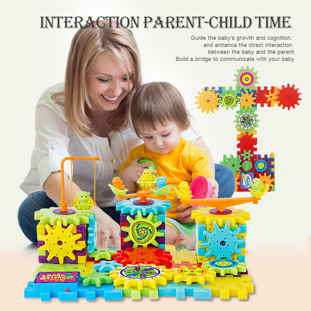Woman and child playing with colorful educational toy blocks.
