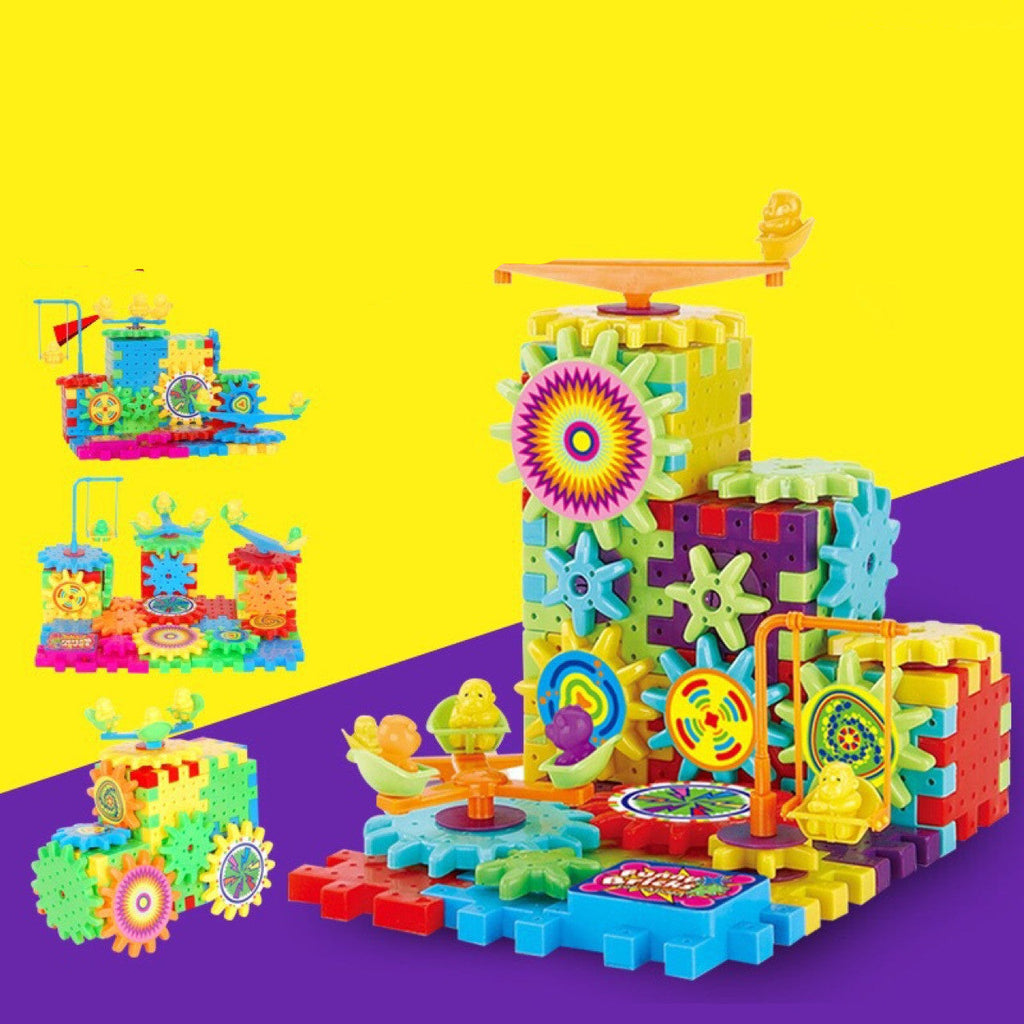 Colorful toy gear set on a yellow and purple background