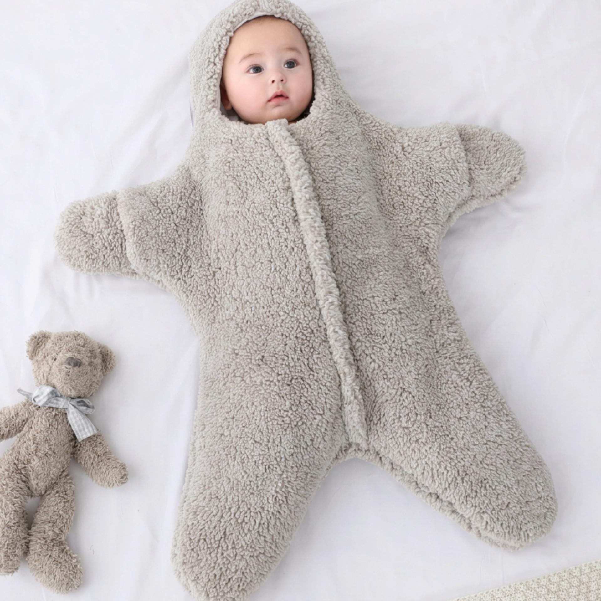Baby in a fluffy shark costume lying on a white surface with a teddy bear beside.